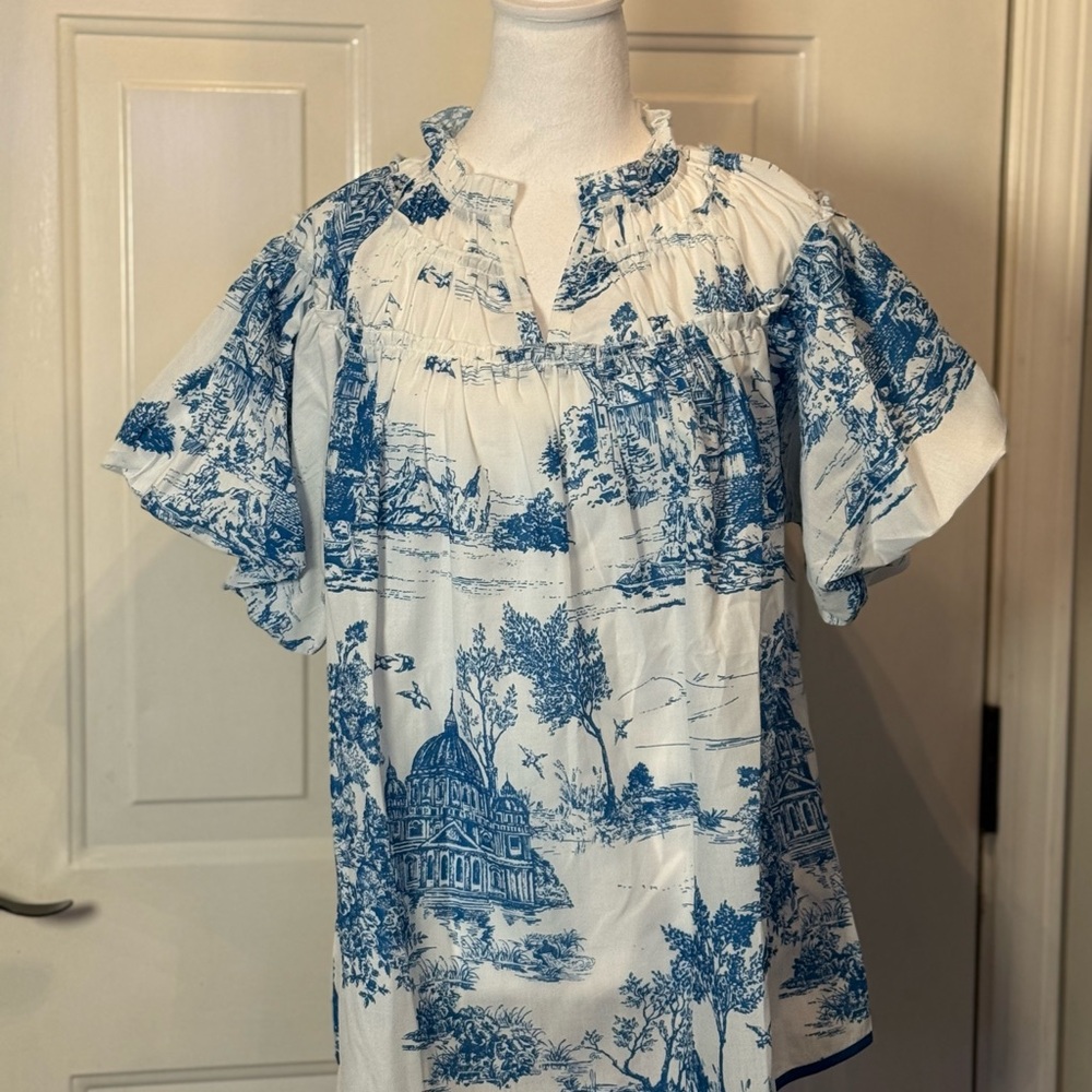 Blue and White Women's Blouse